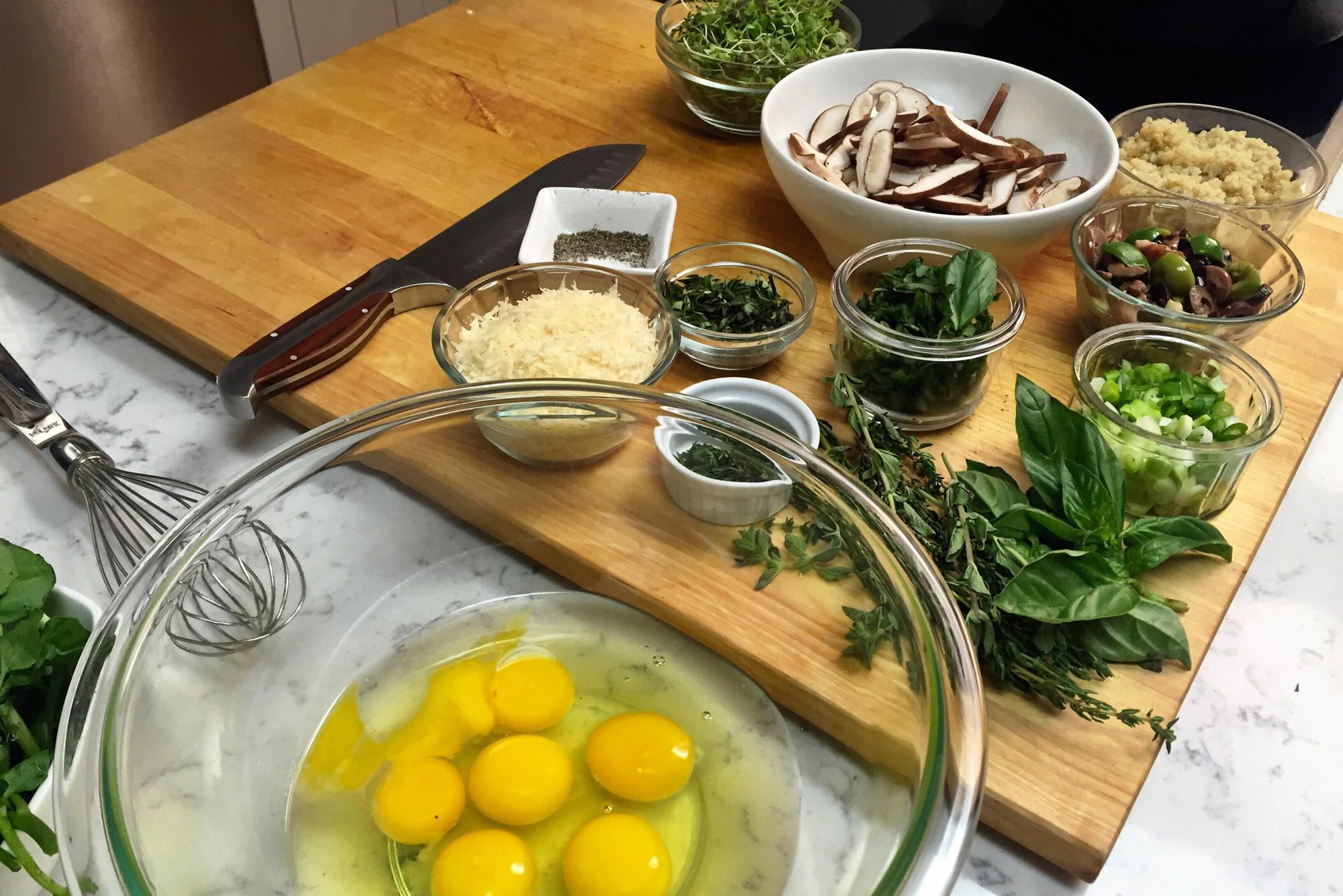 Compact kitchen workspace with prepared ingredients